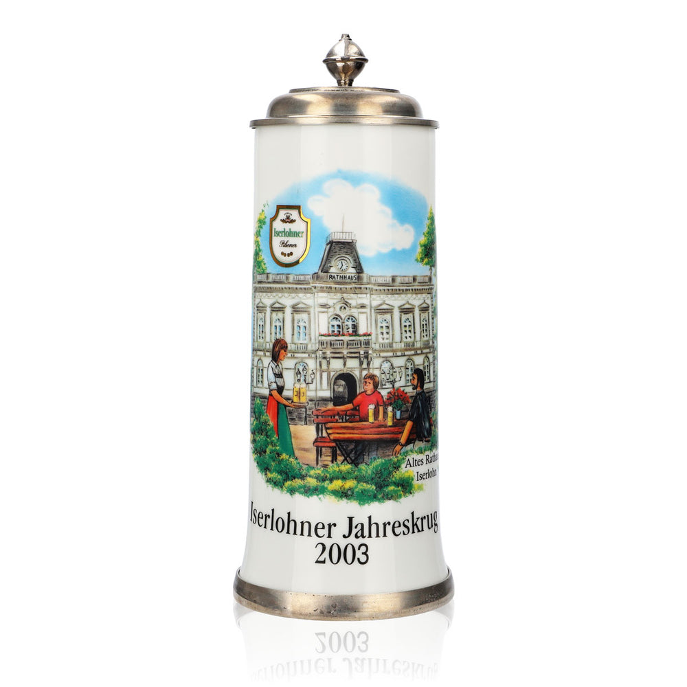 Bicchiere da birra Iserlohner, boccale annuale 2003, boccale in ceramica con coperchio in peltro, 0,88 l