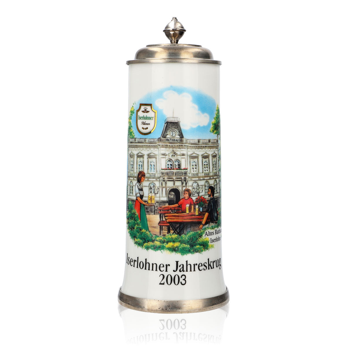 Bicchiere da birra Iserlohner, boccale annuale 2003, boccale in ceramica con coperchio in peltro, 0,88 l