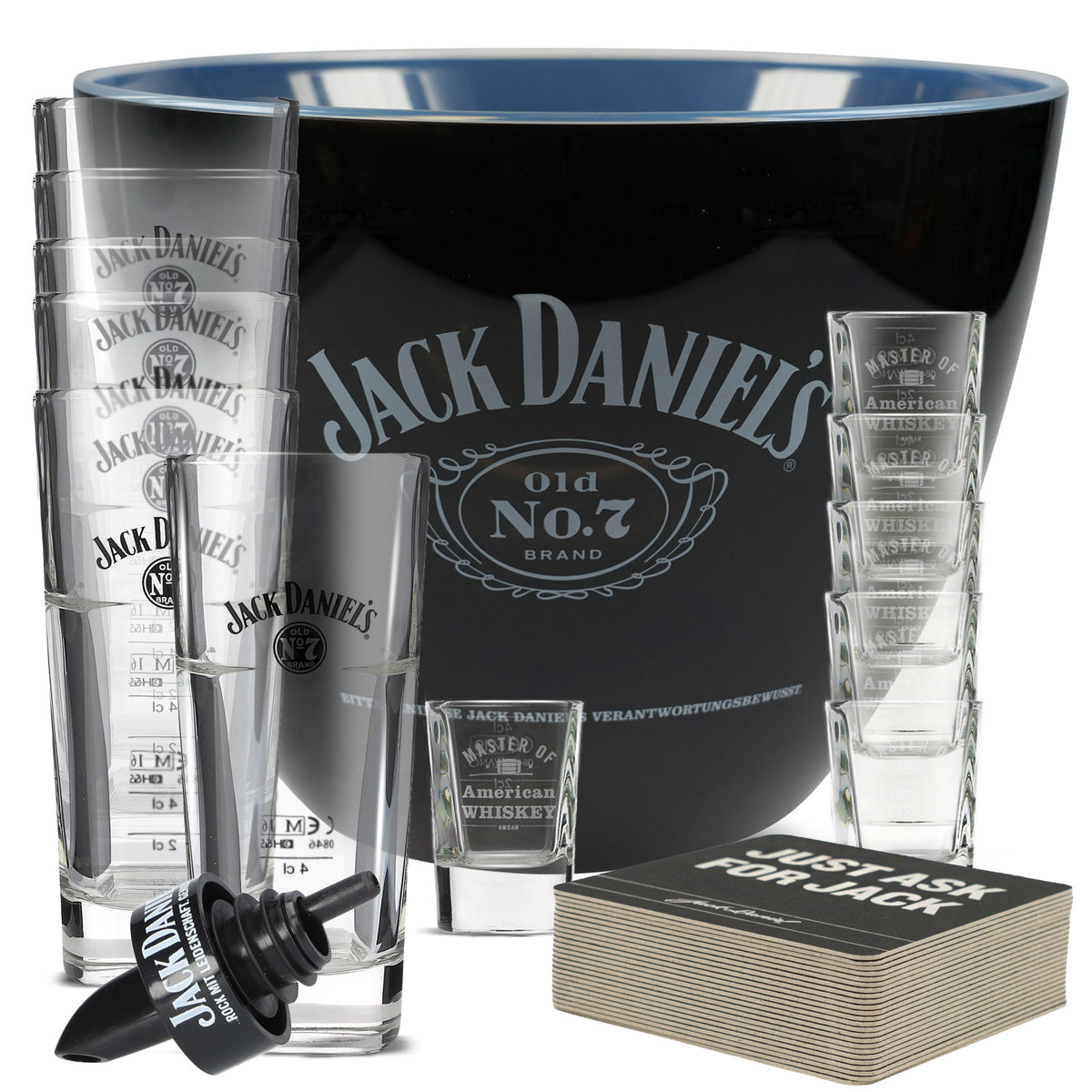 Jack Daniels Bar Bundle Set II composto da 6 bicchieri da long drink, 6 bicchierini da liquore, versatore e raffreddatore