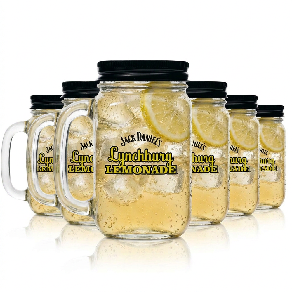 Jack Daniels Lynchburg Lemonade - Set da 6 bicchieri Mason Jar da 0,48 l con manico e coperchio