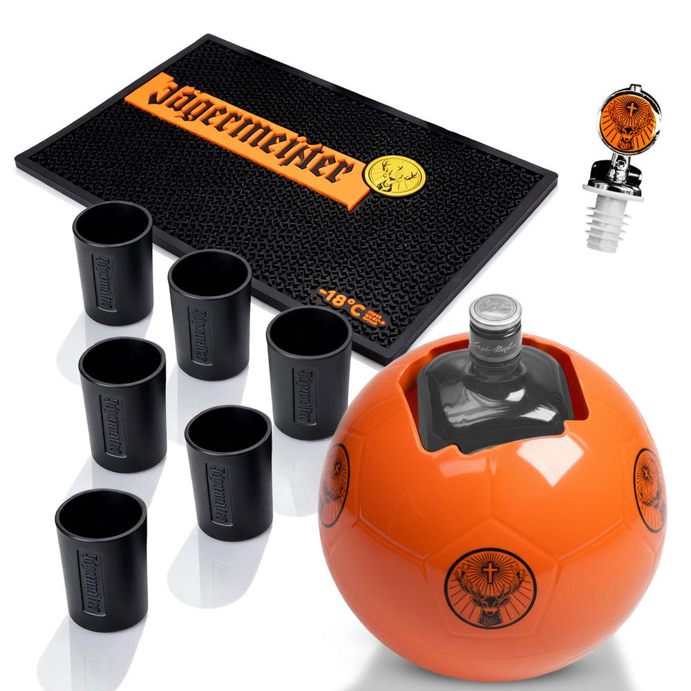 Set Jägermeister Bar Bundle II composto da 6 bicchierini da 2 cl, versatore, refrigeratore e tappetino da bar