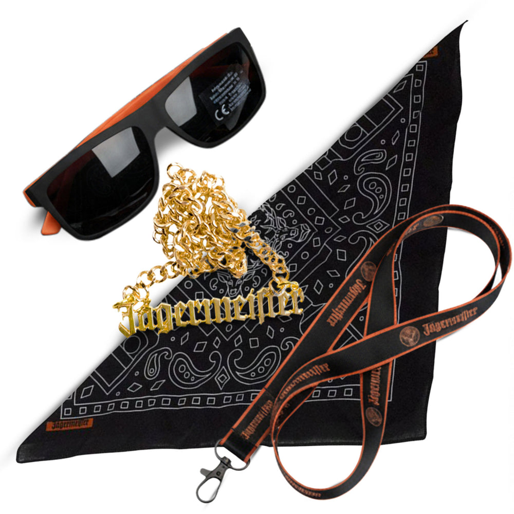Jägermeister Set tempo libero I con catena in oro Occhiali da sole Ciondolo Bandana