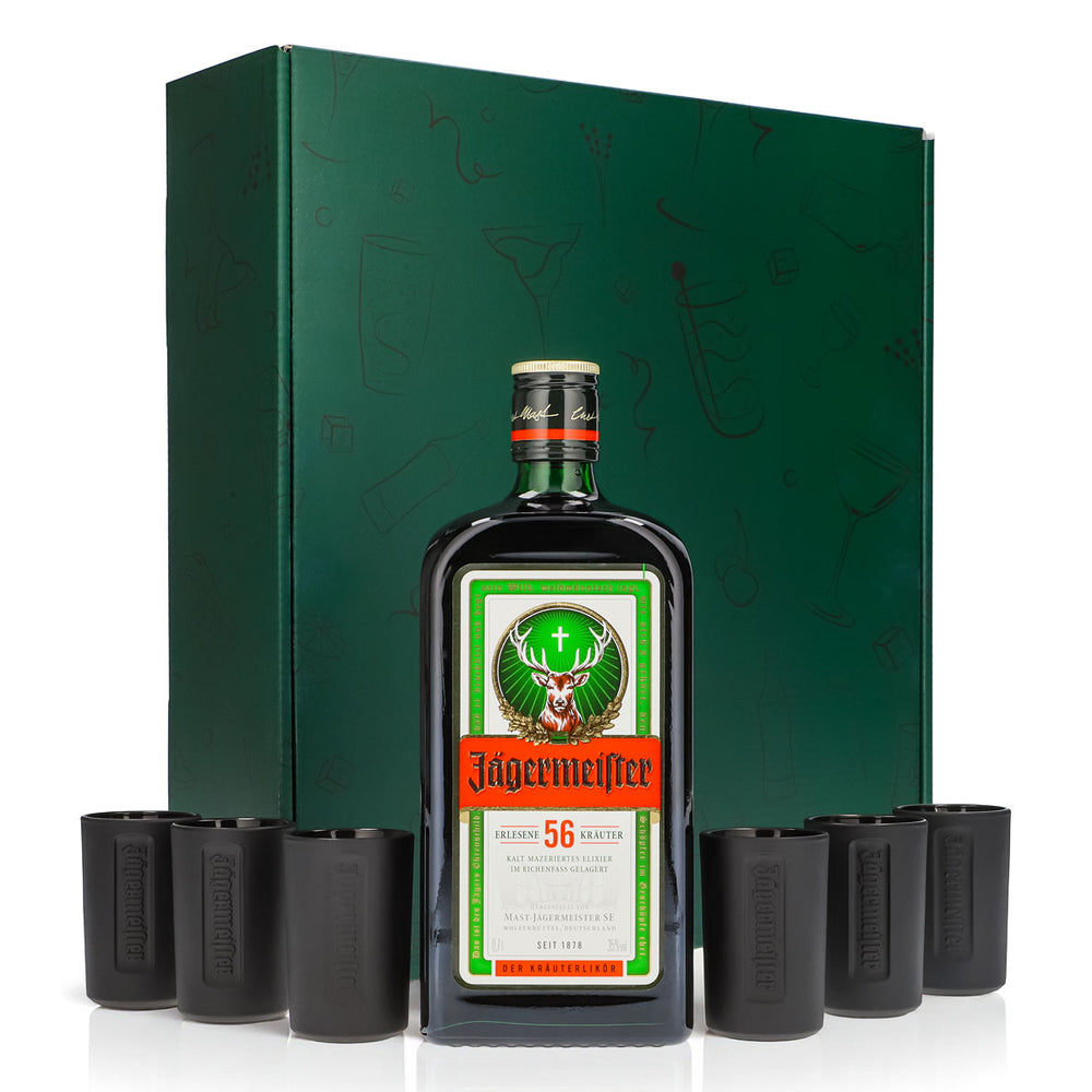 Jägermeister Geschenkset 0,7l Flasche 35,0 % Vol. + Shotgläser Schwarz–Grün