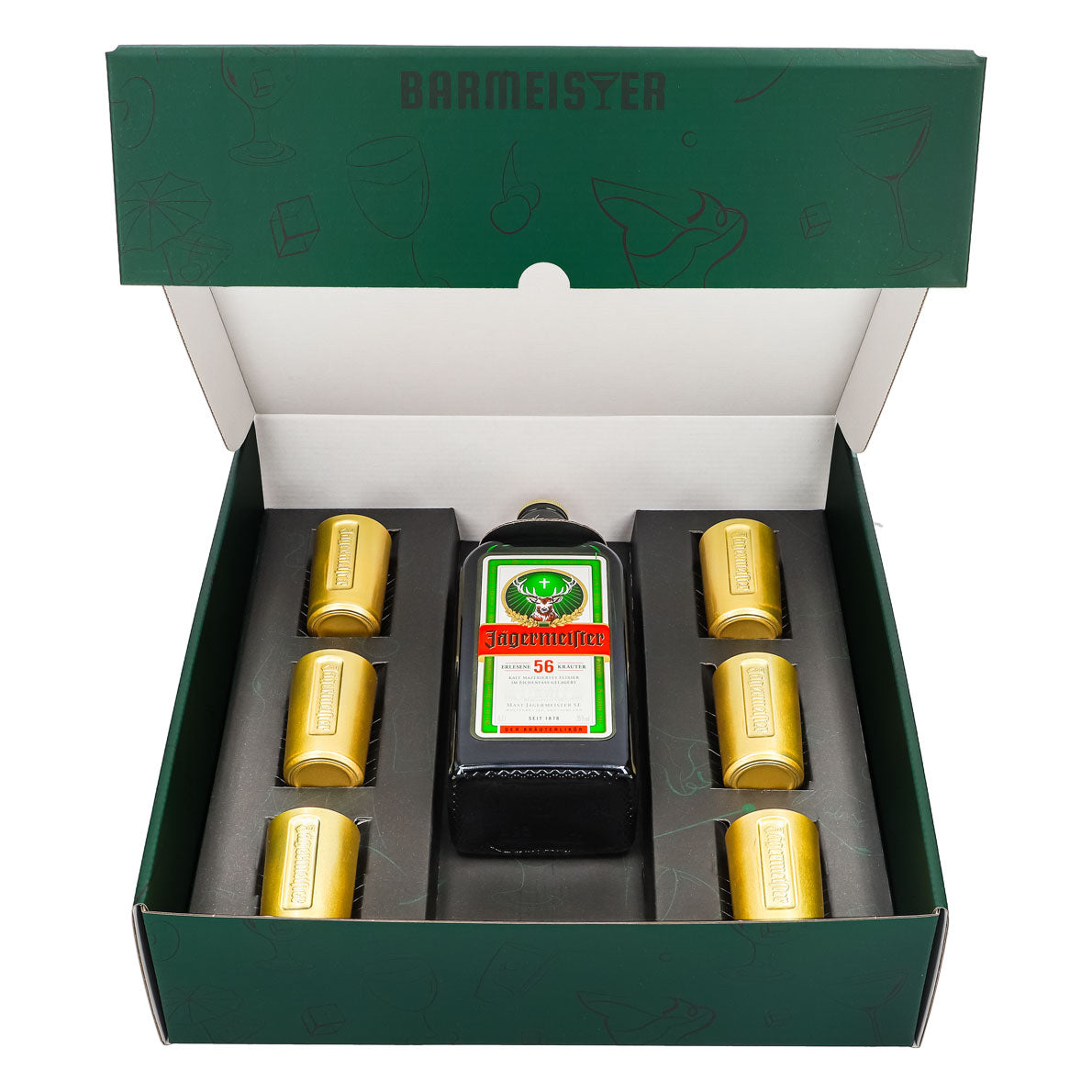 Jägermeister Geschenkset 0,7l Flasche 35,0 % Vol. + Shotgläser Gold–Grün – Ansicht 2