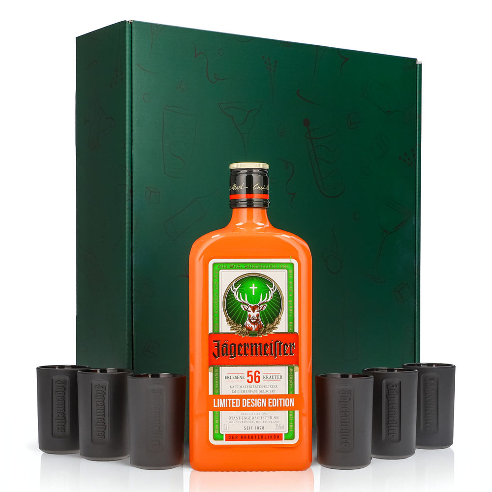 Jägermeister Geschenkset 0,7l Flasche Culture Orange 35,0 % Vol. + Shotgläser Schwarz–Grün
