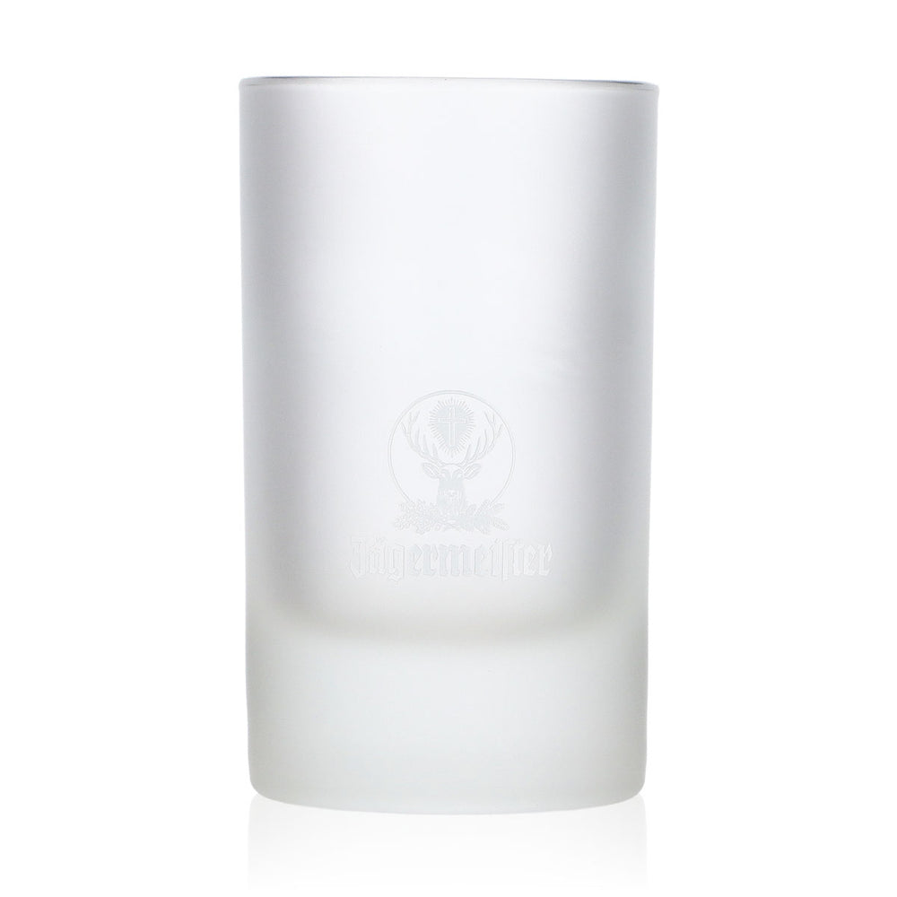 Bicchierino da liquore Jägermeister da 2 cl/4 cl, effetto smerigliato, logo bianco, scritta in caratteri piccoli