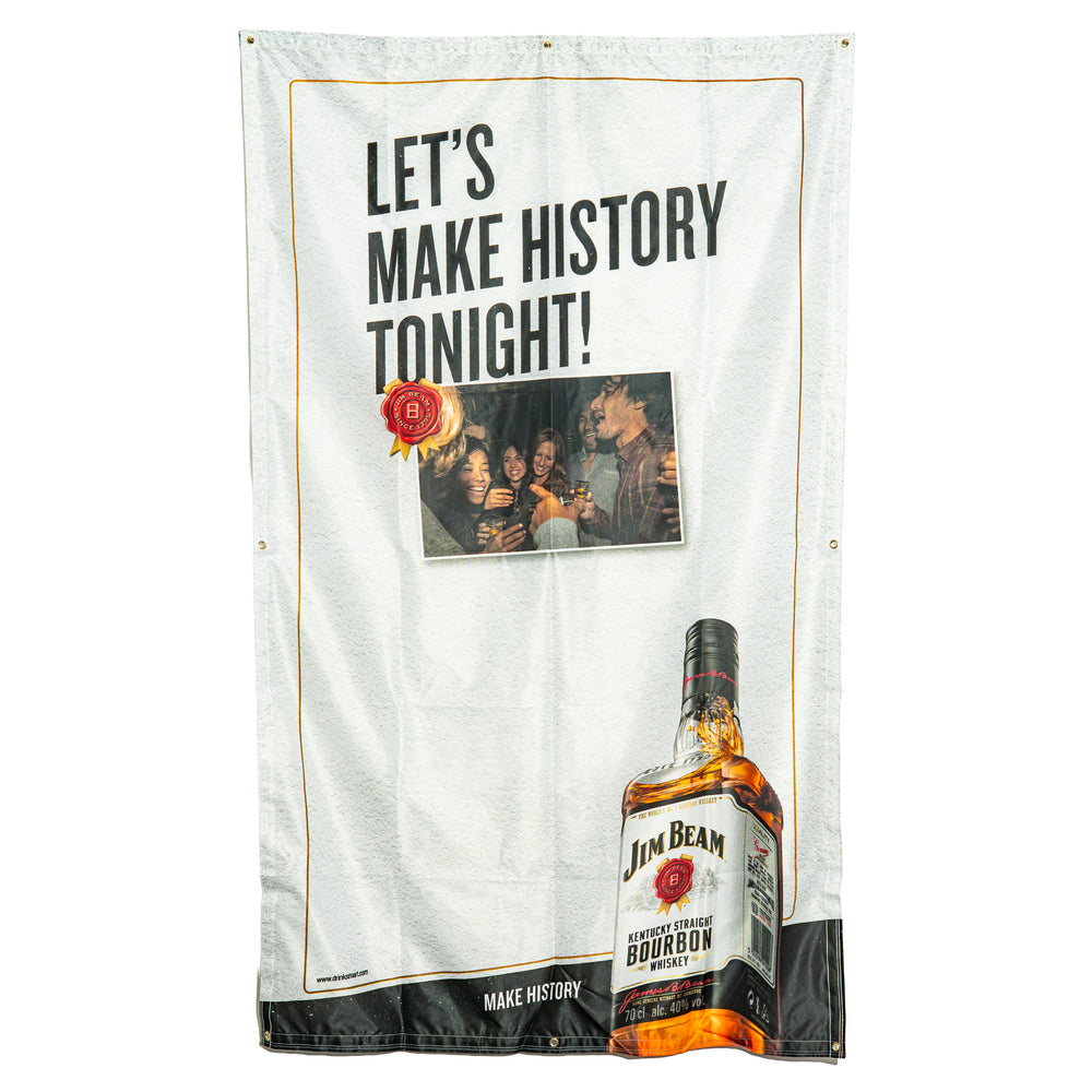 Bandiera in poliestere “History Tonight” con motivo del bicchiere di whisky Jim Beam, 200x120 cm