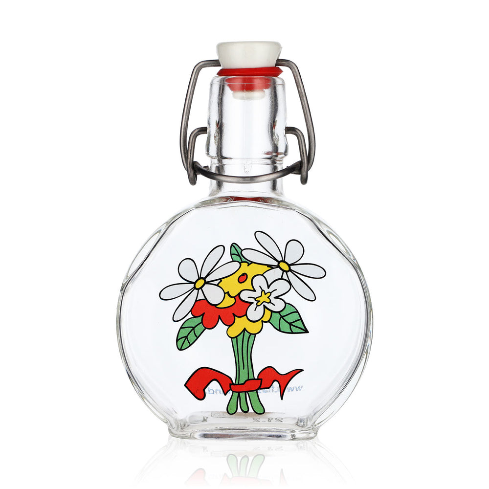 Kefla, bottiglia di grappa in vetro con tappo a clip, 0,2 l, motivo floreale, Flaschernland, bottiglia da grappa