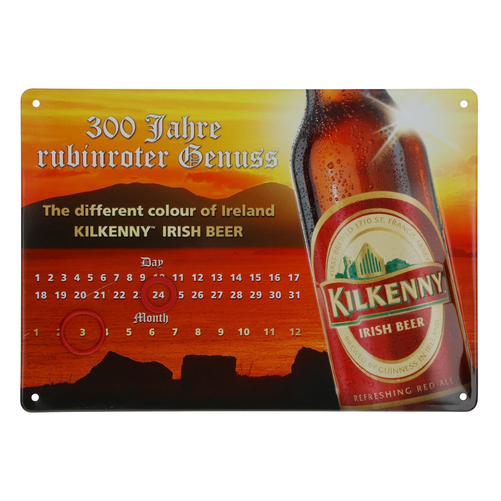 Targhetta in metallo della birra Kilkenny con calendario perpetuo – Decorazione da parete Irish Pup
