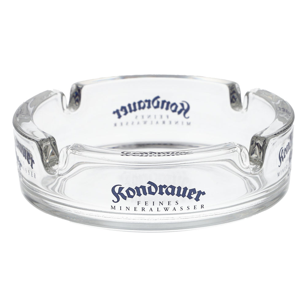 Posacenere Kondrauer in vetro con logo blu, trasparente, oggetto da collezione, da bar
