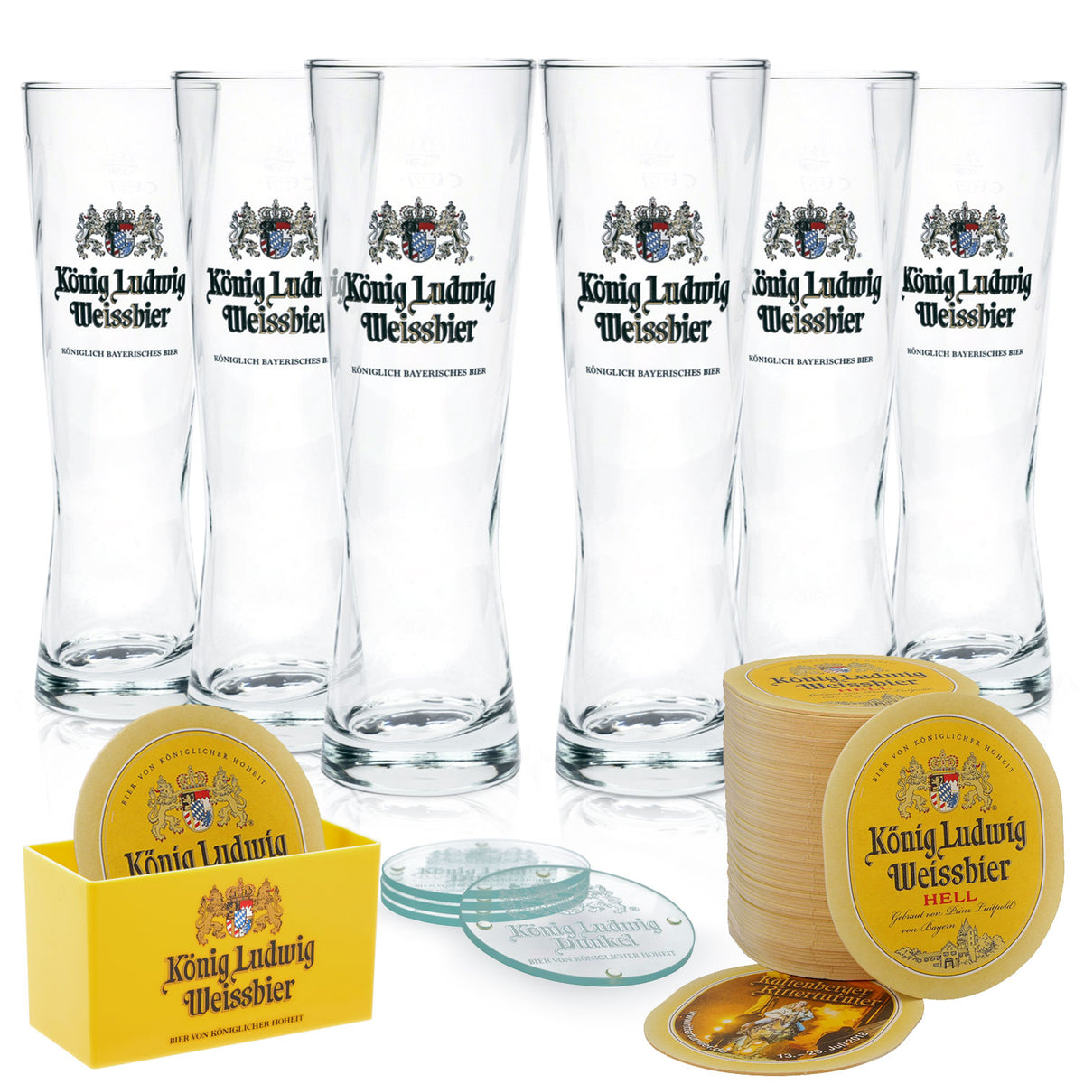 Set II König Ludwig Bier composto da 6 bicchieri da birra da 0,5 l e 70 sottobicchieri