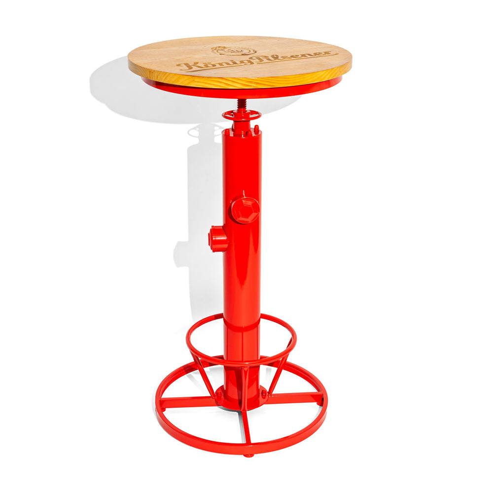 Tavolo alto da birreria König Pilsener Tavolo da bistrot in metallo massiccio con piano in legno rosso rotondo