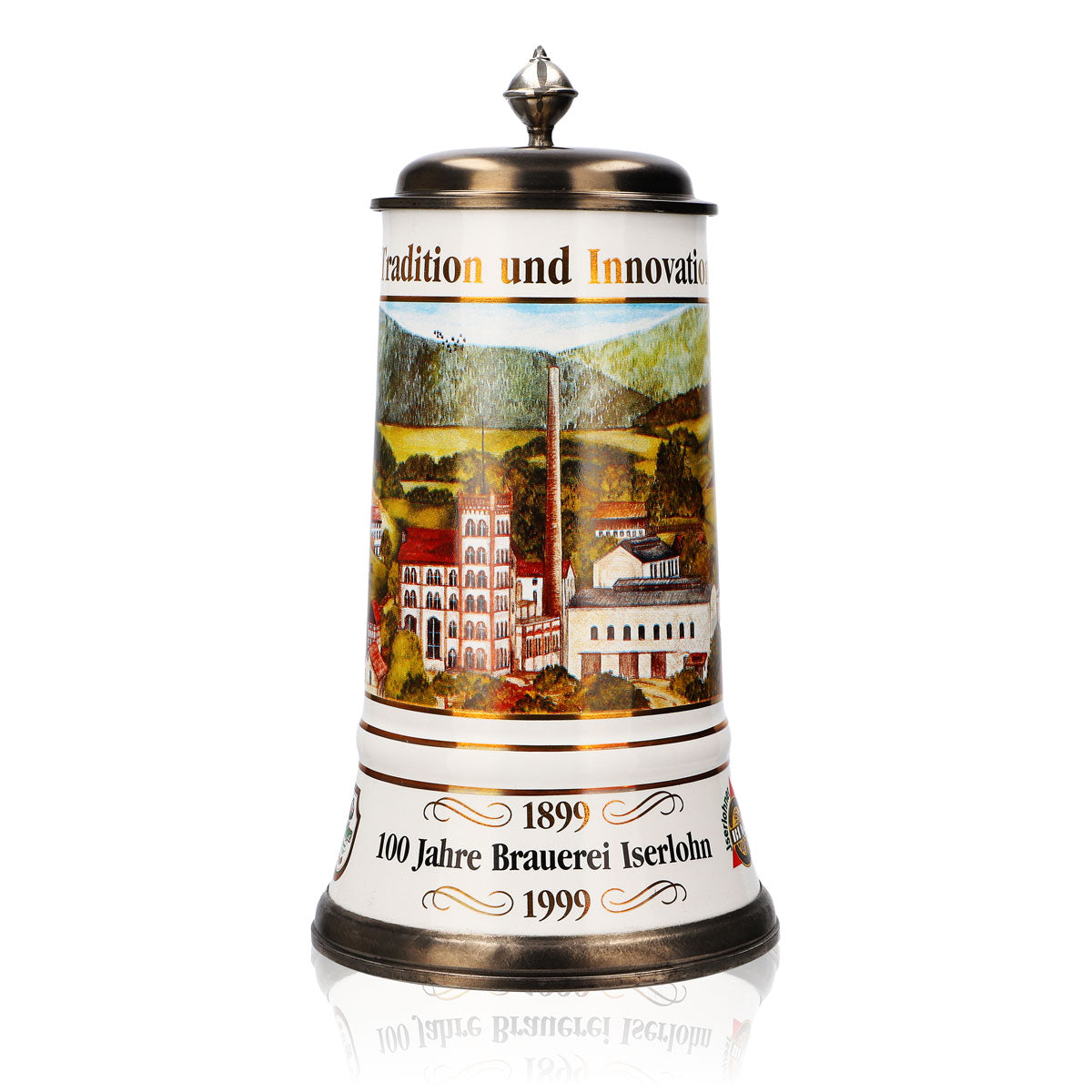 Bicchiere da birra Krombacher in ceramica smaltata con coperchio in peltro 1,09 l Bicchiere "100 anni"