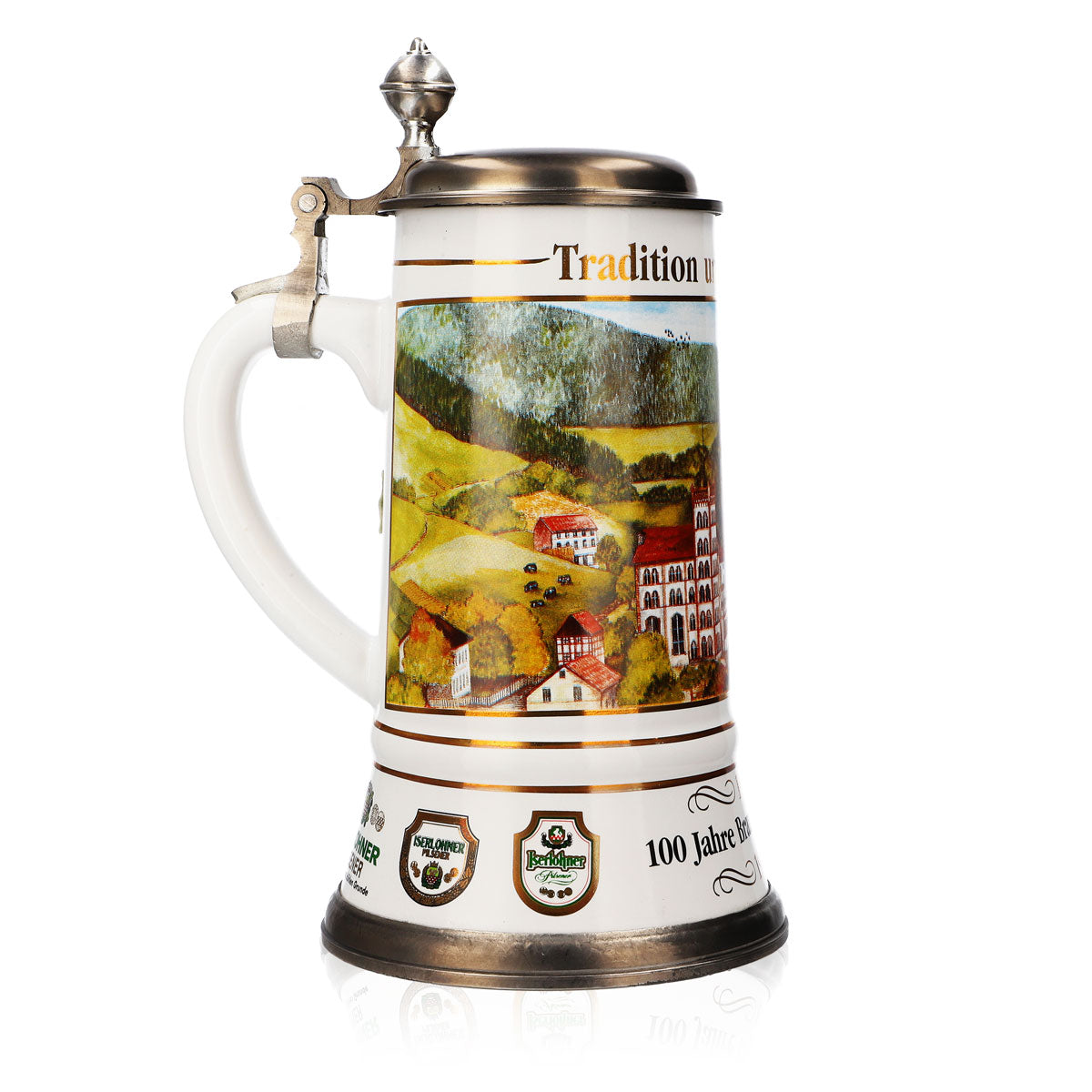 Bicchiere da birra Krombacher in ceramica smaltata con coperchio in peltro 1,09 l Bicchiere "100 anni" – Vista 3