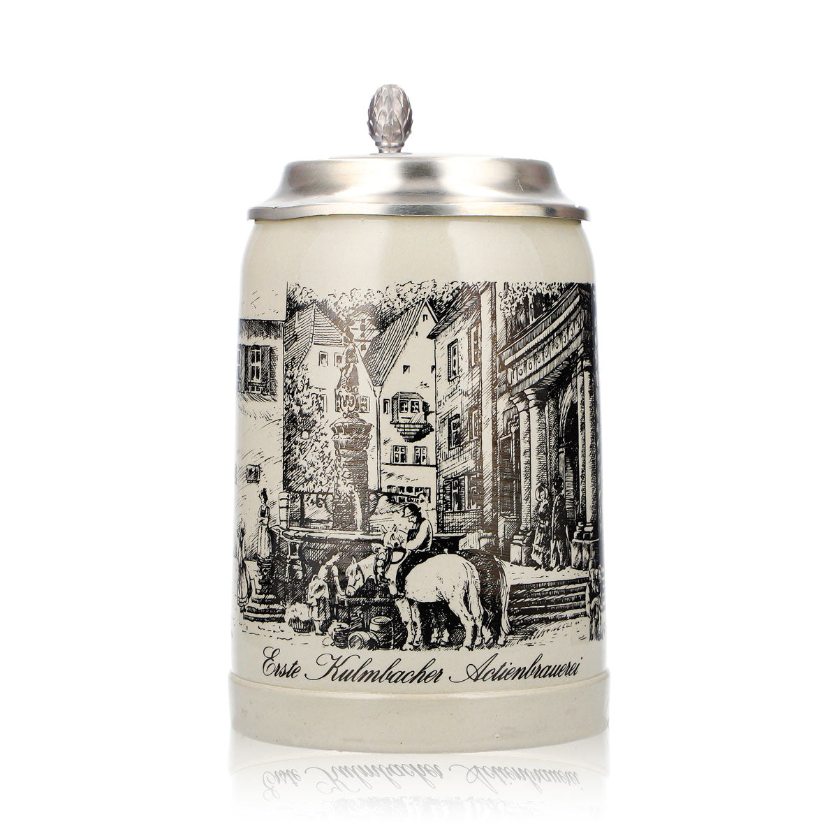 Bicchiere da birra Kulmbacher Reichelbräu, boccale da birra, boccale in terracotta da 0,5 l, coperchio in stagno, terracotta