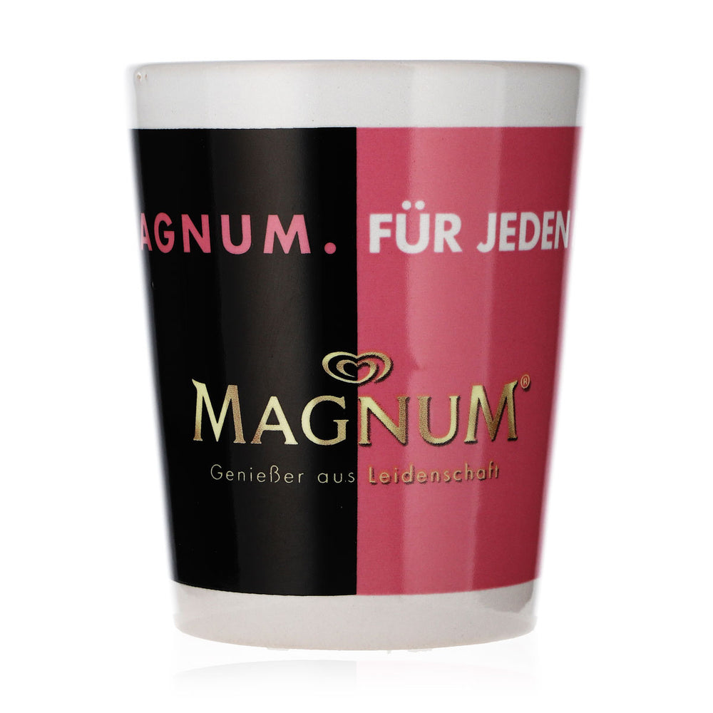 Tazza da caffè in vetro Langnese Eis, nera/rosa, con la scritta "Il mio Magnum per ogni momento"