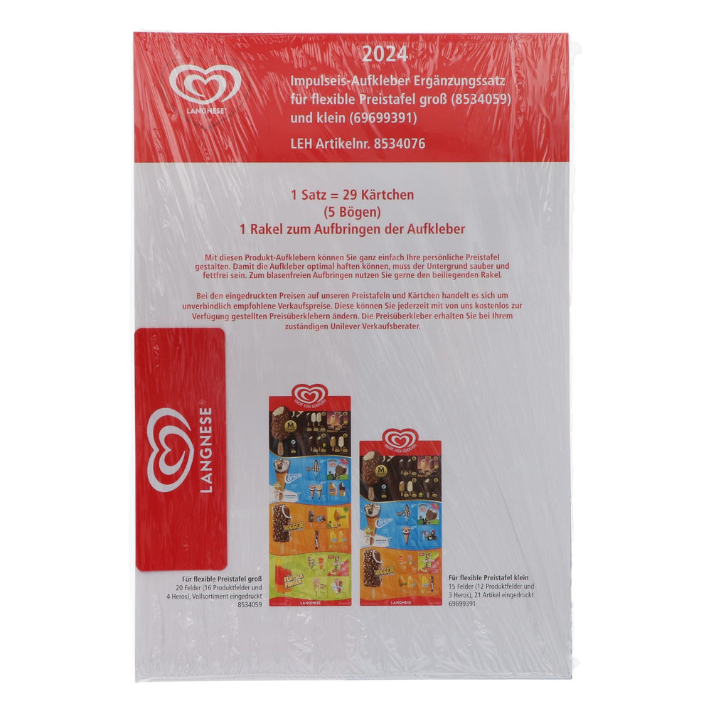 Langnese Gelati Menu Gelati Menu gelati flessibile 2024 Cartello pubblicitario Tabella dei prezzi