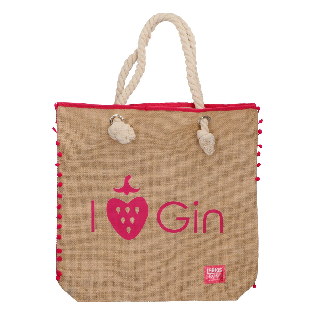 Borsa in juta Larios Rose Gin con manici a cordoncino e motivo Gin e fragole