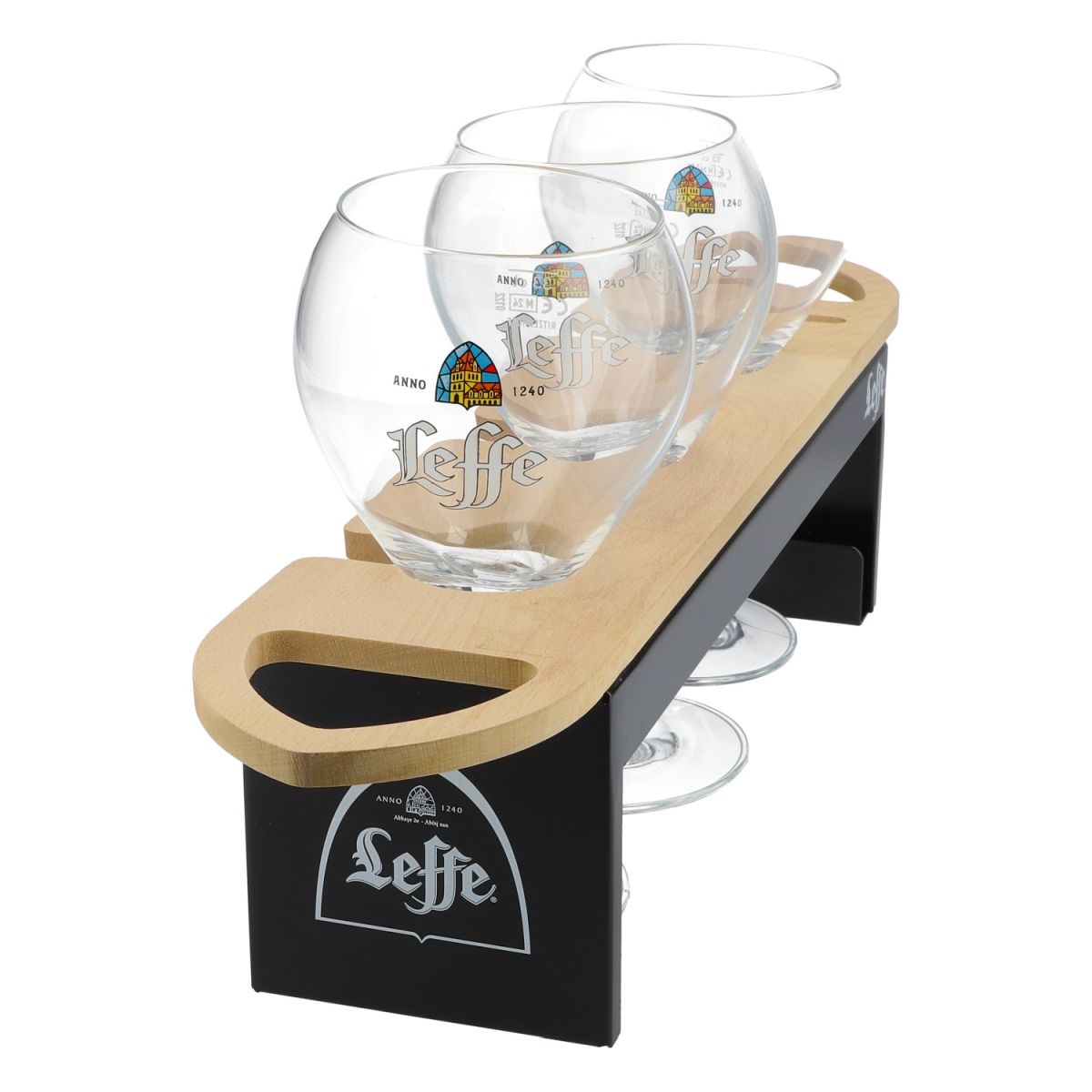 Set di portabicchieri Leffe con 3 bicchieri per bar e banconi in vero legno
