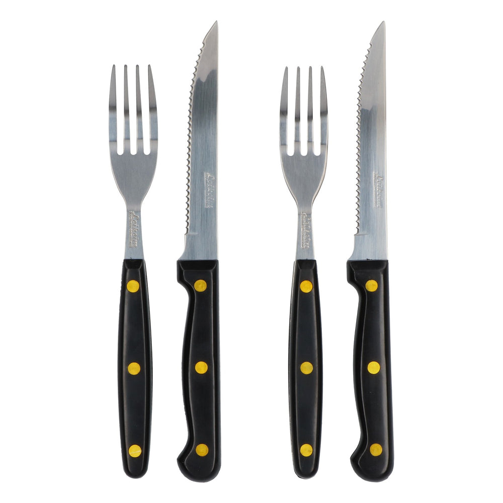 Set di posate da barbecue Leikeim: 2 coltelli e 2 forchette con borchie dorate, in acciaio inossidabile
