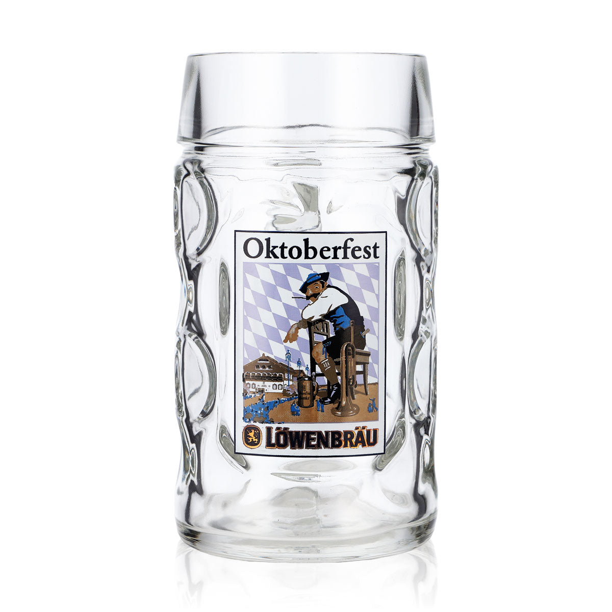 Bicchiere da birra Löwenbräu, boccale da 0,5 l, modello Oktoberfest con uomo su una sedia