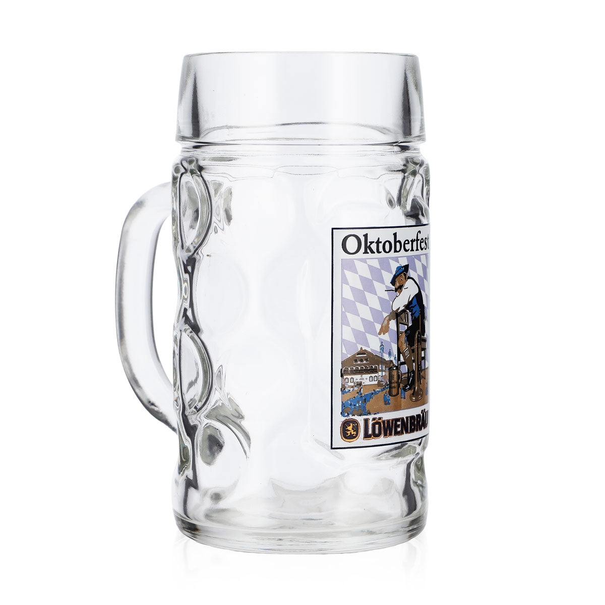 Bicchiere da birra Löwenbräu, boccale da 0,5 l, modello Oktoberfest con uomo su una sedia – Vista 2