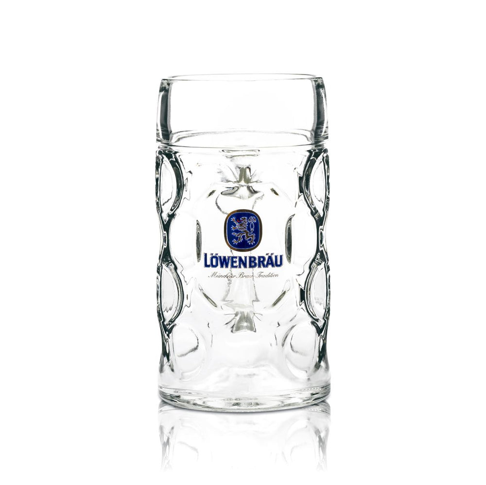 Löwenbräu boccale da birra 1L in vetro sagomato con manico, boccale Seidel, vetri B-Ware