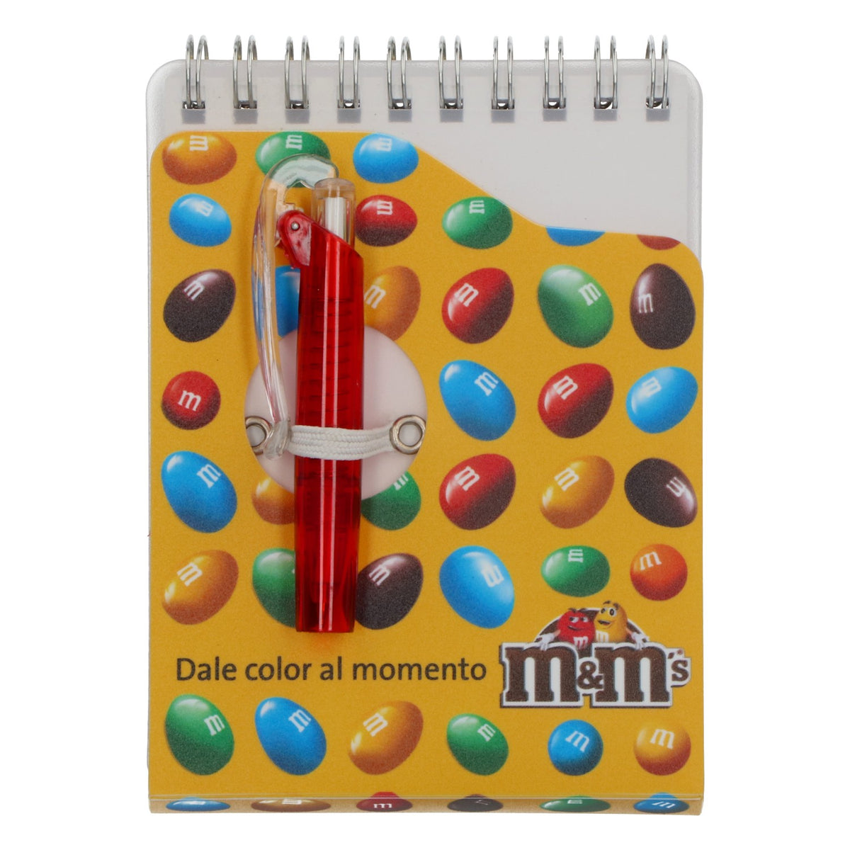 Blocco note con caramelle M&M, penna inclusa, nuovo, carta gialla, appunti