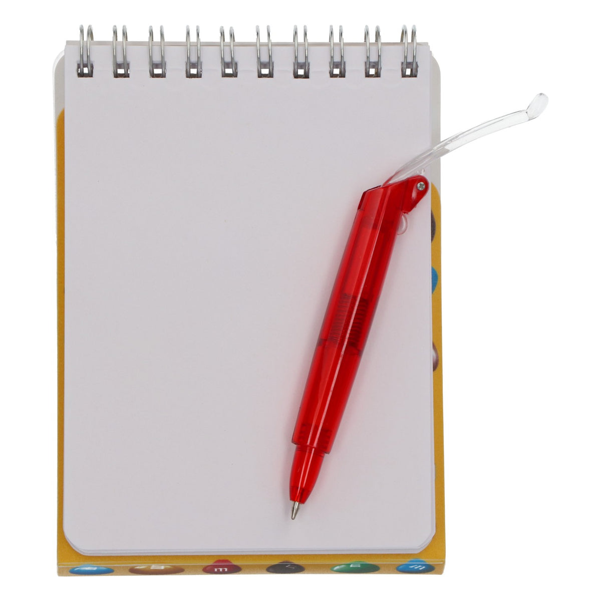 Blocco note con caramelle M&M, penna inclusa, nuovo, carta gialla, appunti – Vista 3