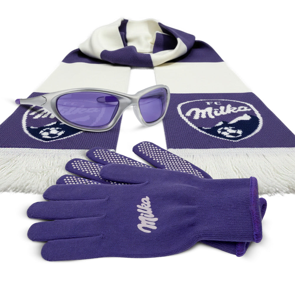 Set Milka Chocolate Leisure composto da occhiali da sole, guanti e sciarpa di lana