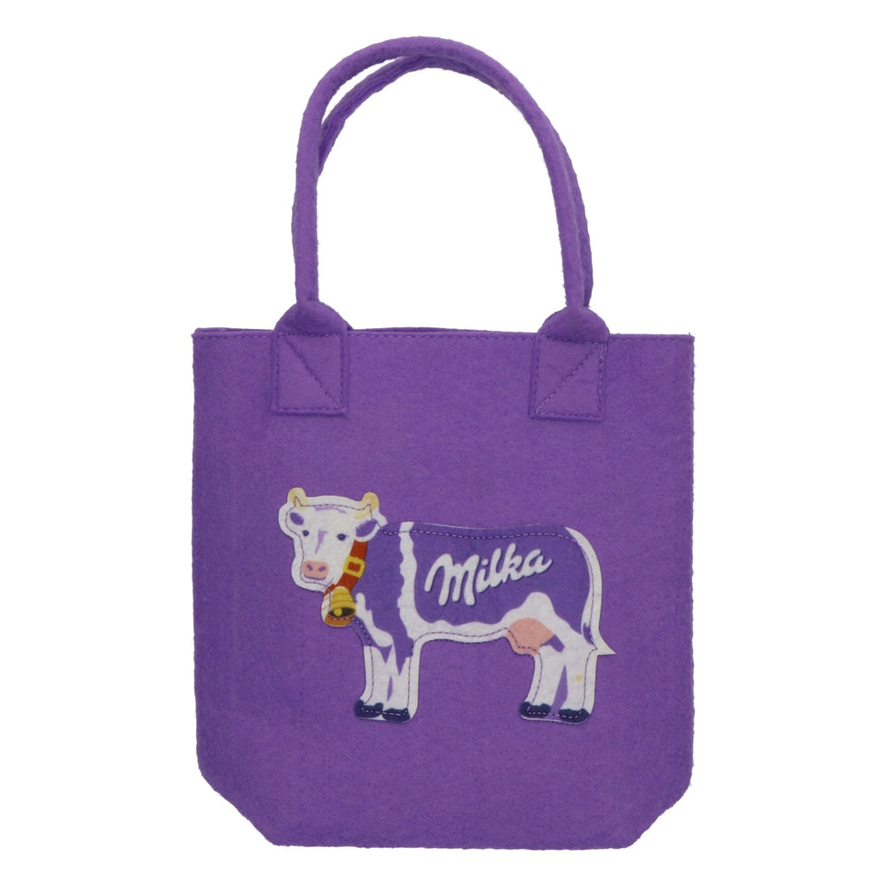 Borsa porta dolci Milka in feltro, piccola, con mucca e cuore, viola, da regalo