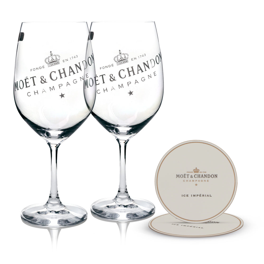 Set Moët & Chandon composto da 2 bicchieri da champagne e 2 sottobicchieri