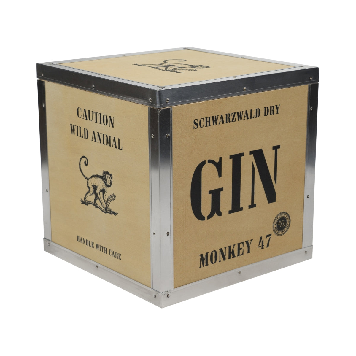 Monkey 47 Gin Scatola di legno 20x20x20cm "Caution Wild Animal" Scatola regalo