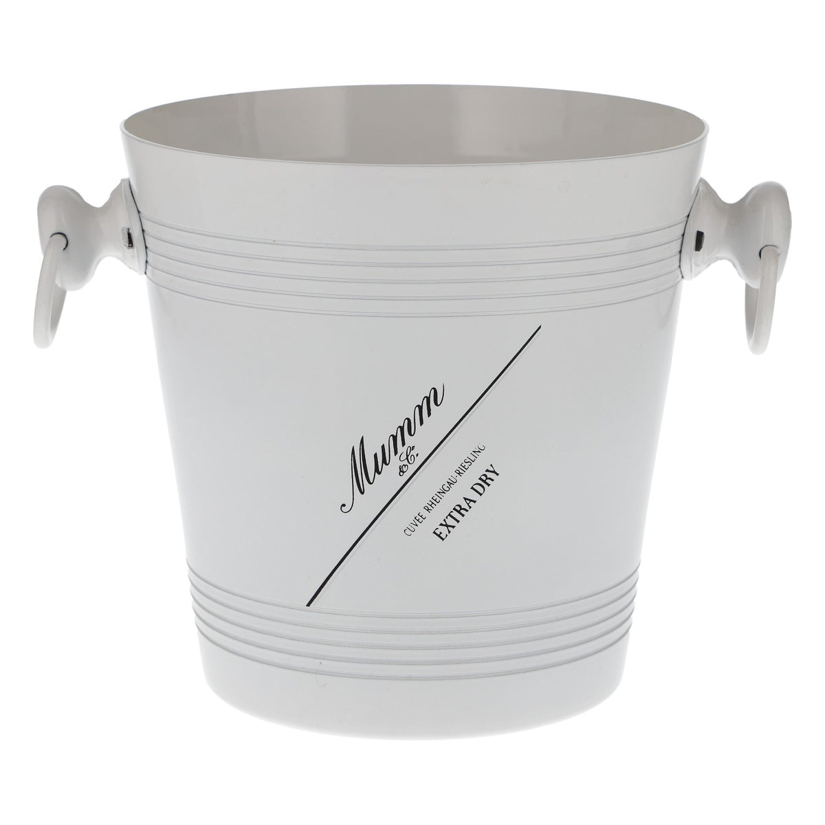 Mumm: secchiello per champagne, refrigeratore per bottiglie, contenitore per cubetti di ghiaccio bianco con manico in metallo