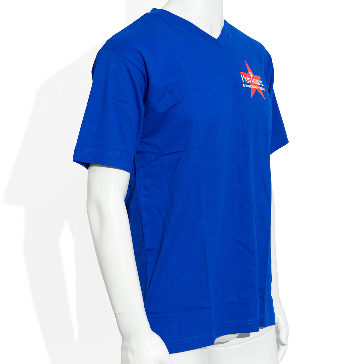 Maglietta in cotone blu con scollo a V e motivo “Parlament Vodka” (taglie S, M) – Vista 2