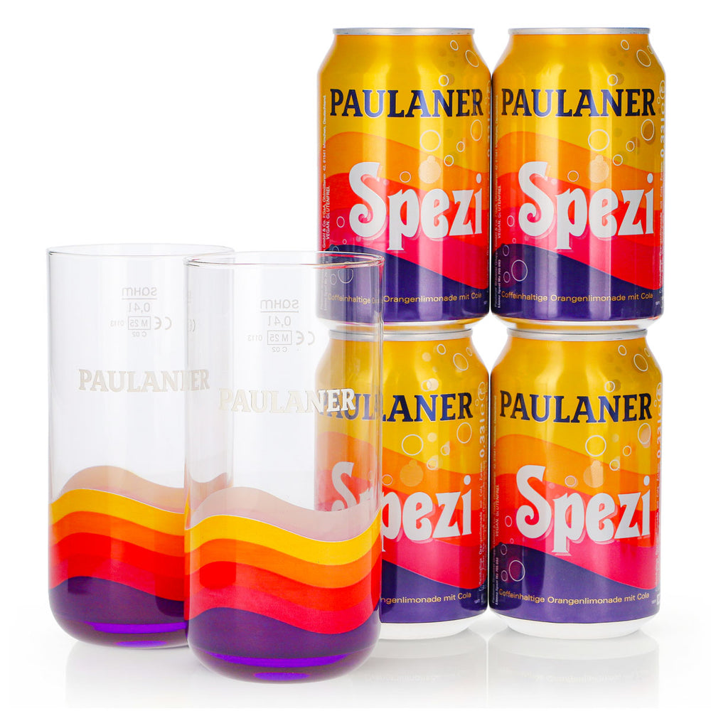 Set regalo Paulaner Spezi, confezione da 6 pezzi: 2 bicchieri da 0,4 l + 4 lattine da 0,33 l