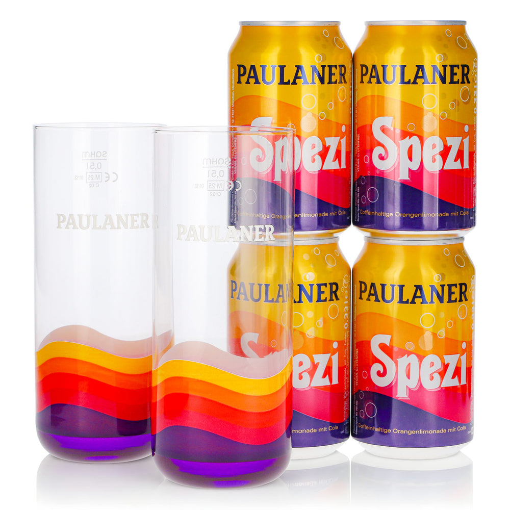 Set regalo Paulaner Spezi, confezione da 6 pezzi: 2 bicchieri da 0,5 l + 4 lattine da 0,33 l