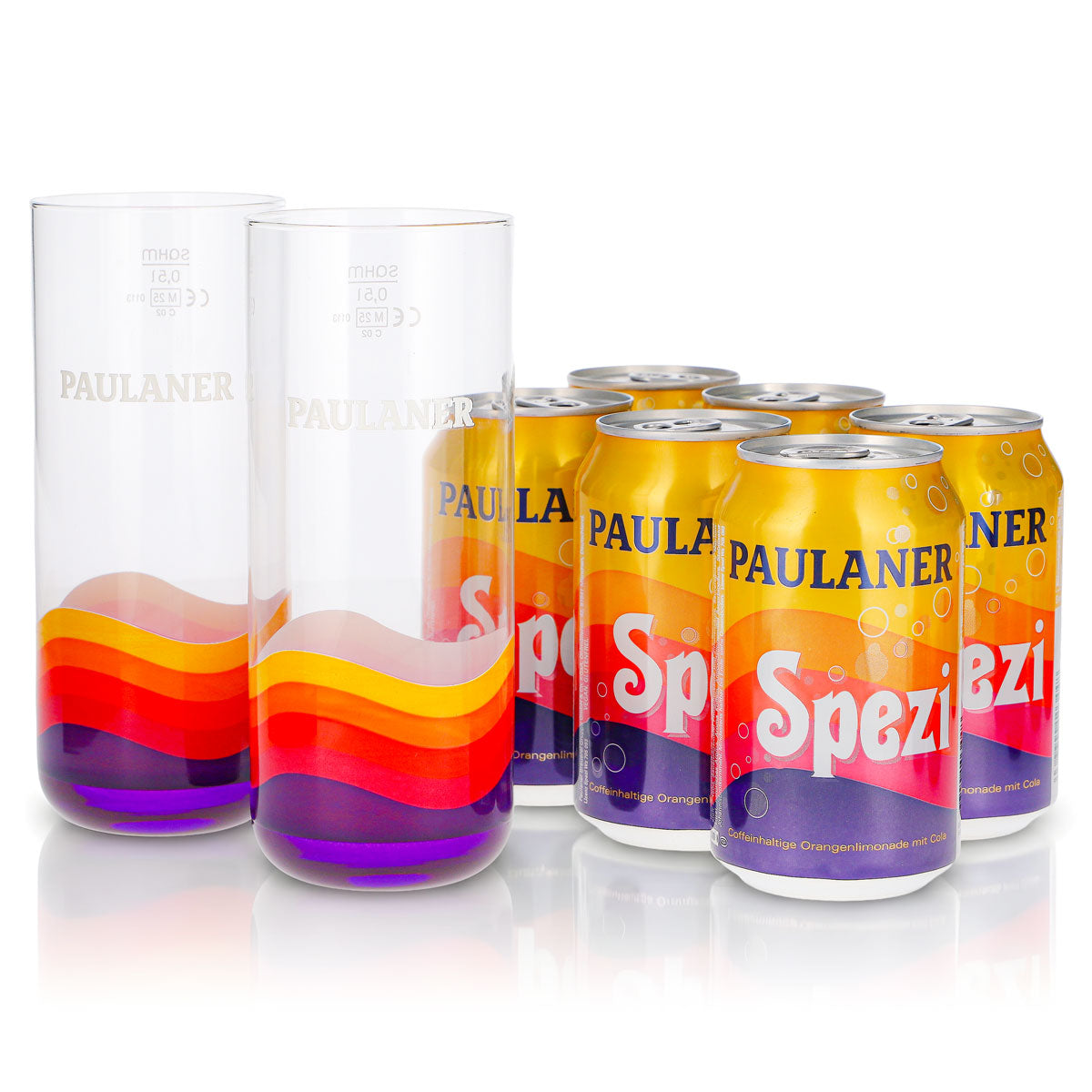 Set regalo Paulaner Spezi, confezione da 8 pezzi: 2 bicchieri da 0,5 l + 6 lattine da 0,33 l