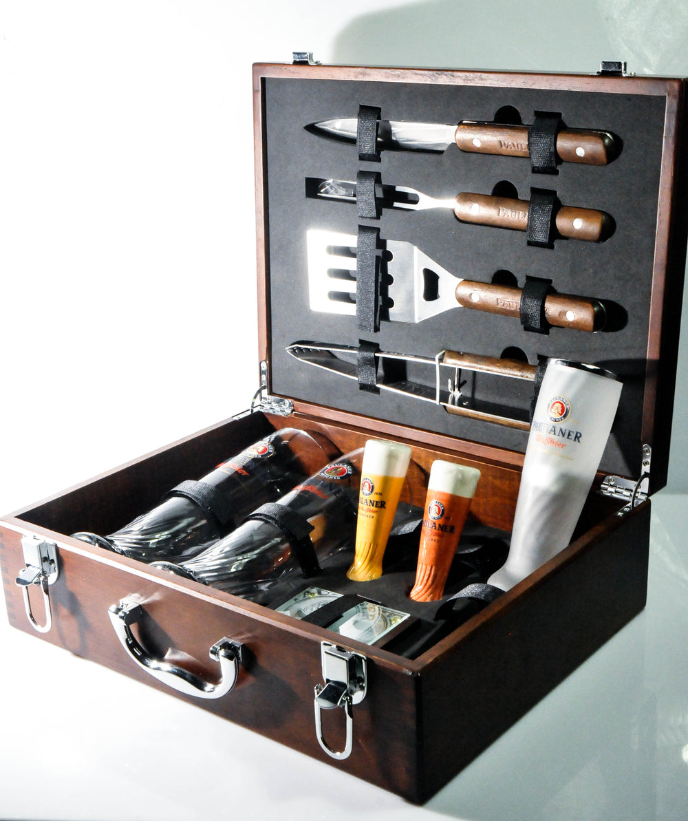Paulaner Weissbier Set da barbecue Set di posate da barbecue Valigetta in vero legno da 12 pezzi