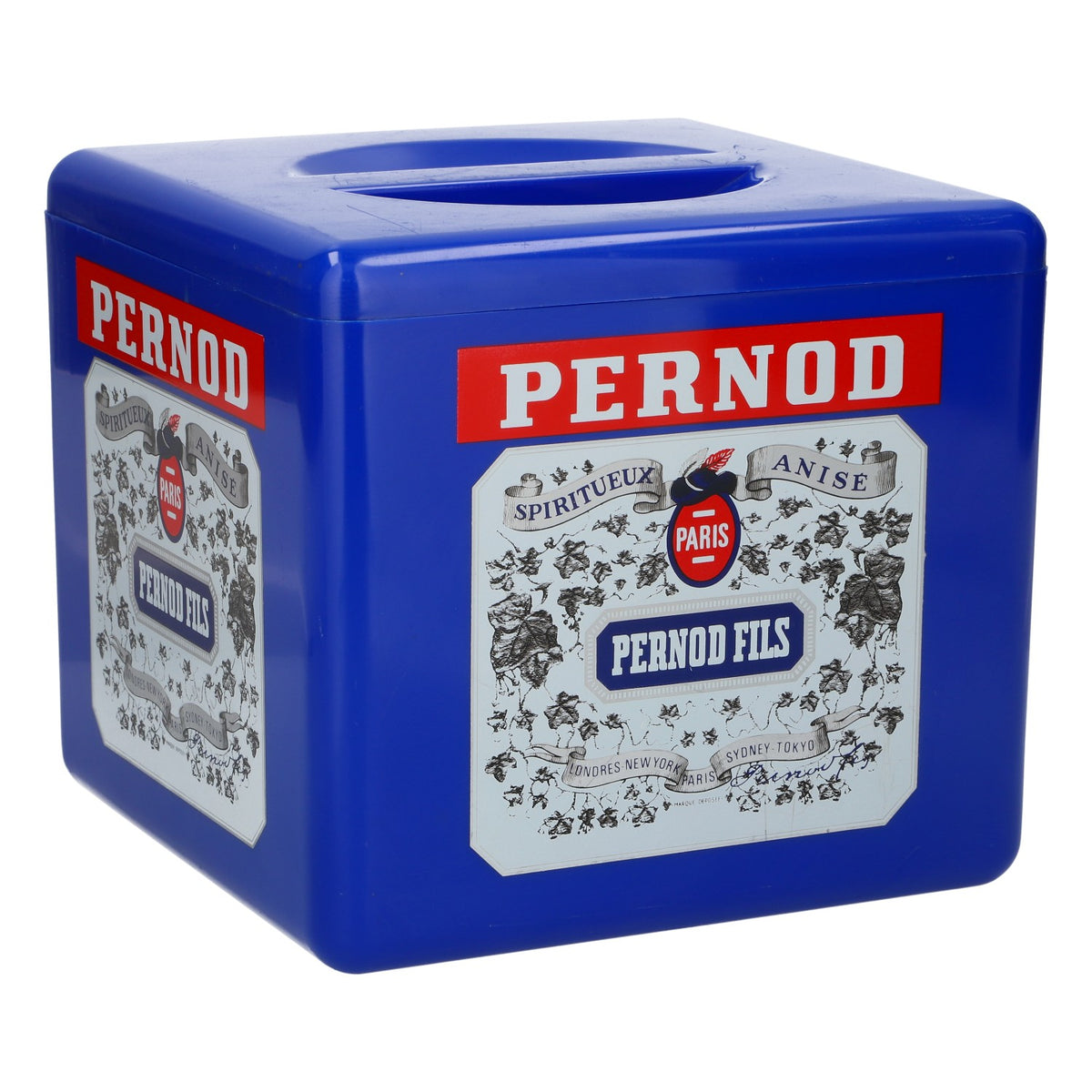 Pernod Retro: refrigeratore per bottiglie, contenitore per il ghiaccio blu con coperchio, accessori da bar, articoli di marca