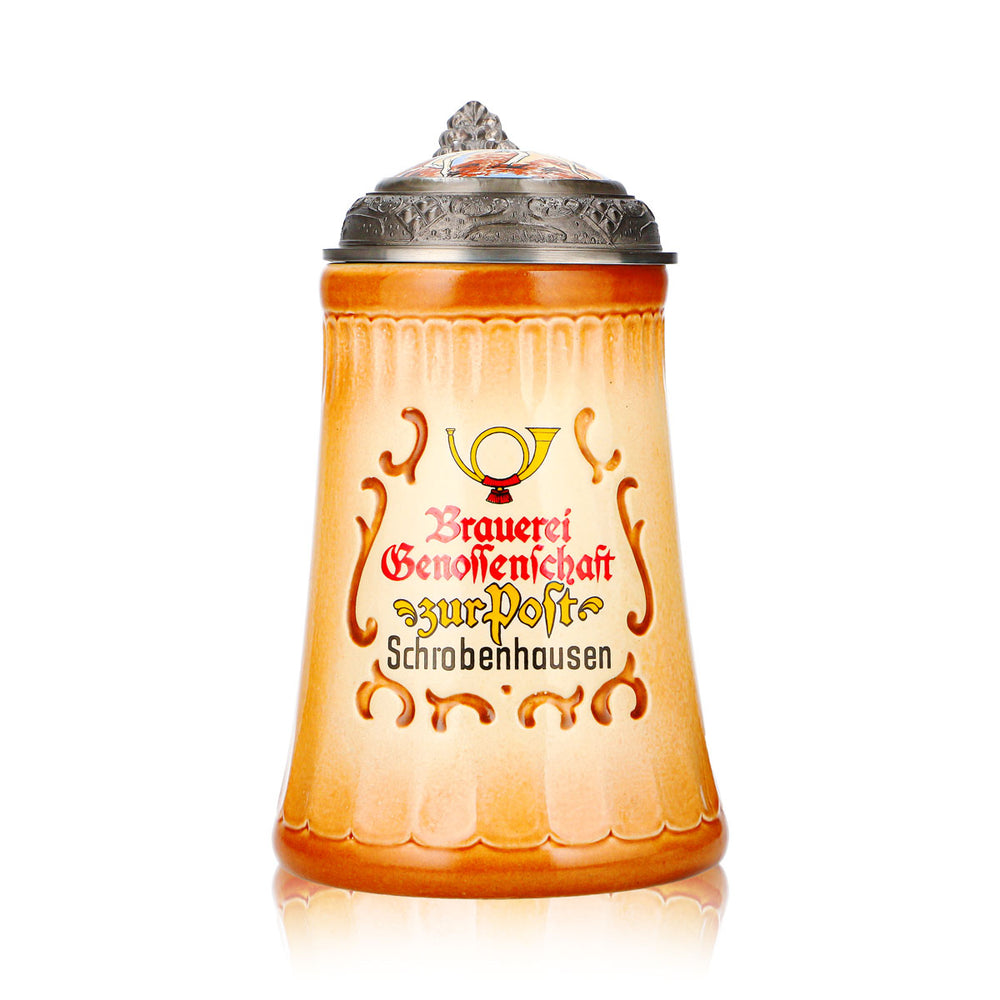 Bicchiere da birra Postbräu, boccale in terracotta da 0,8 l con coperchio in stagno, Cooperativa Birraria Ton