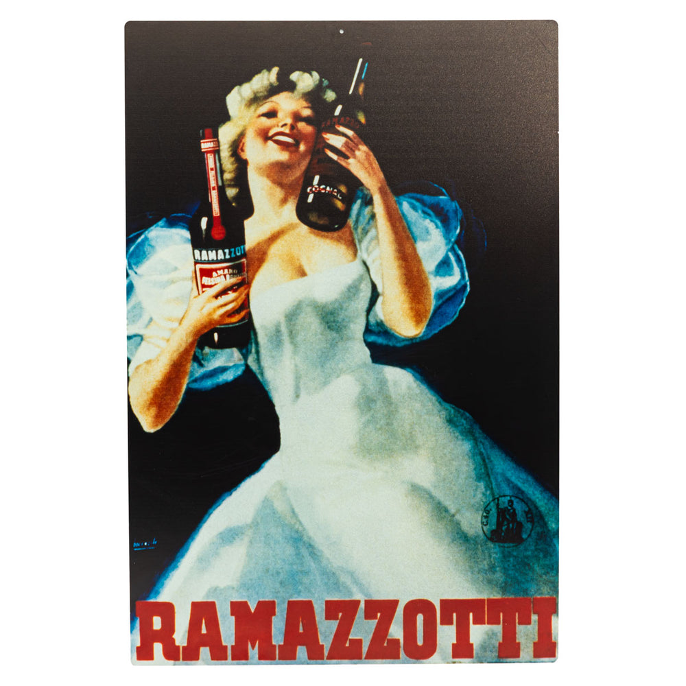 Ramazzotti Liquore Insegna in metallo Decorazione da parete 60x40 cm Donna con 2 bottiglie