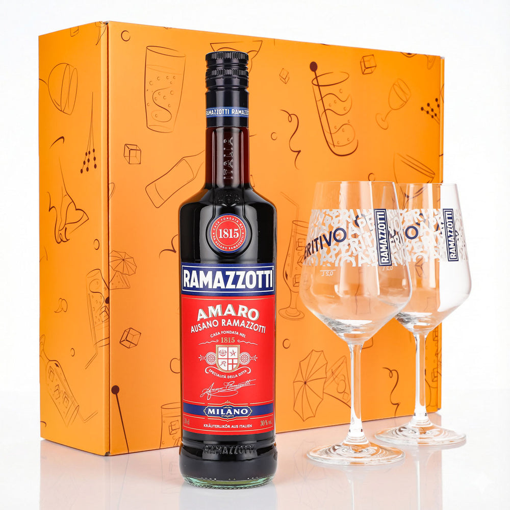 Set regalo liquore Ramazzotti 0,7 l 30% + bicchiere a palloncino I Arancione