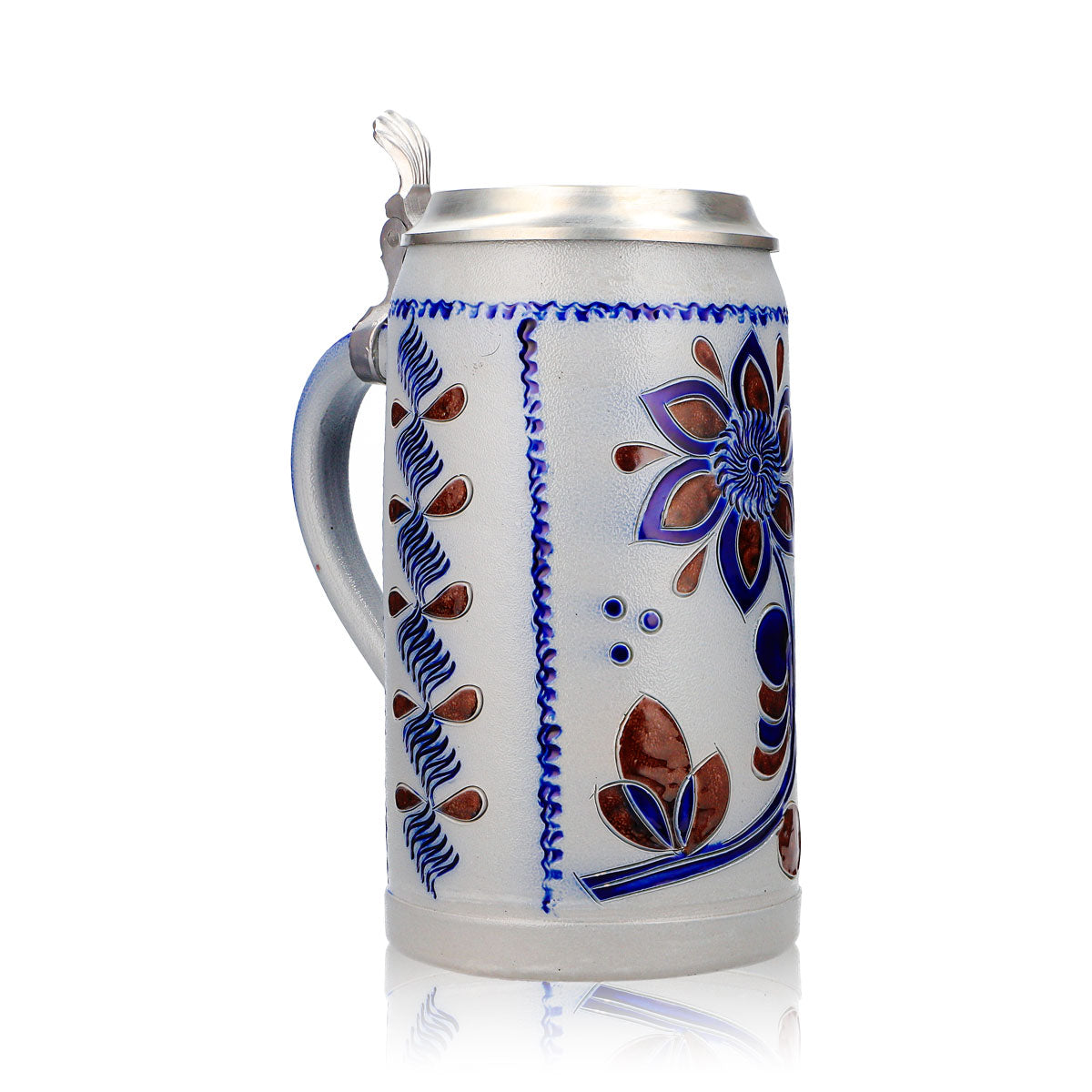Bicchiere da birra Rastal, boccale in terracotta da 1,16 l con coperchio in stagno, blu/marrone con motivi floreali in terracotta – Vista 2