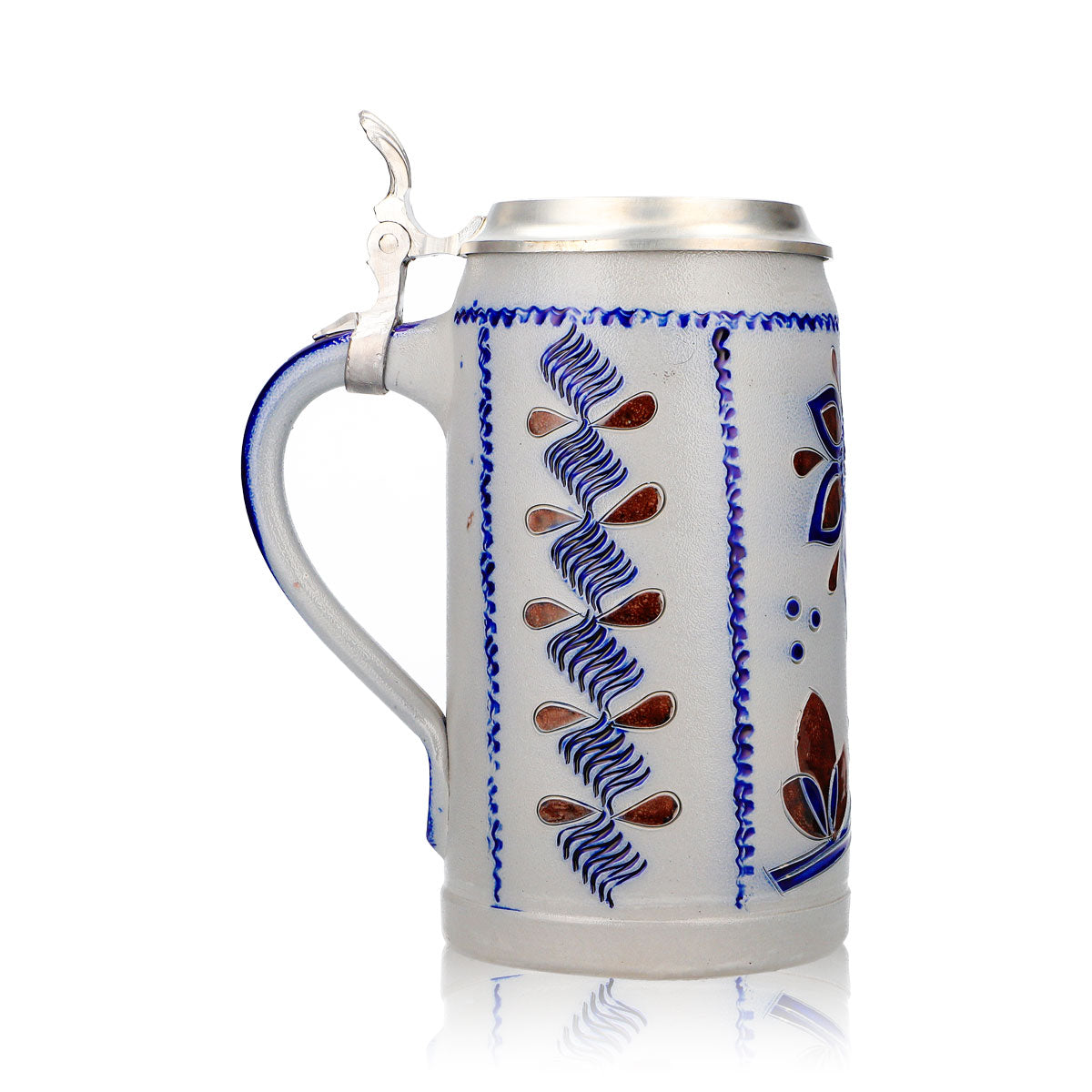 Bicchiere da birra Rastal, boccale in terracotta da 1,16 l con coperchio in stagno, blu/marrone con motivi floreali in terracotta – Vista 3