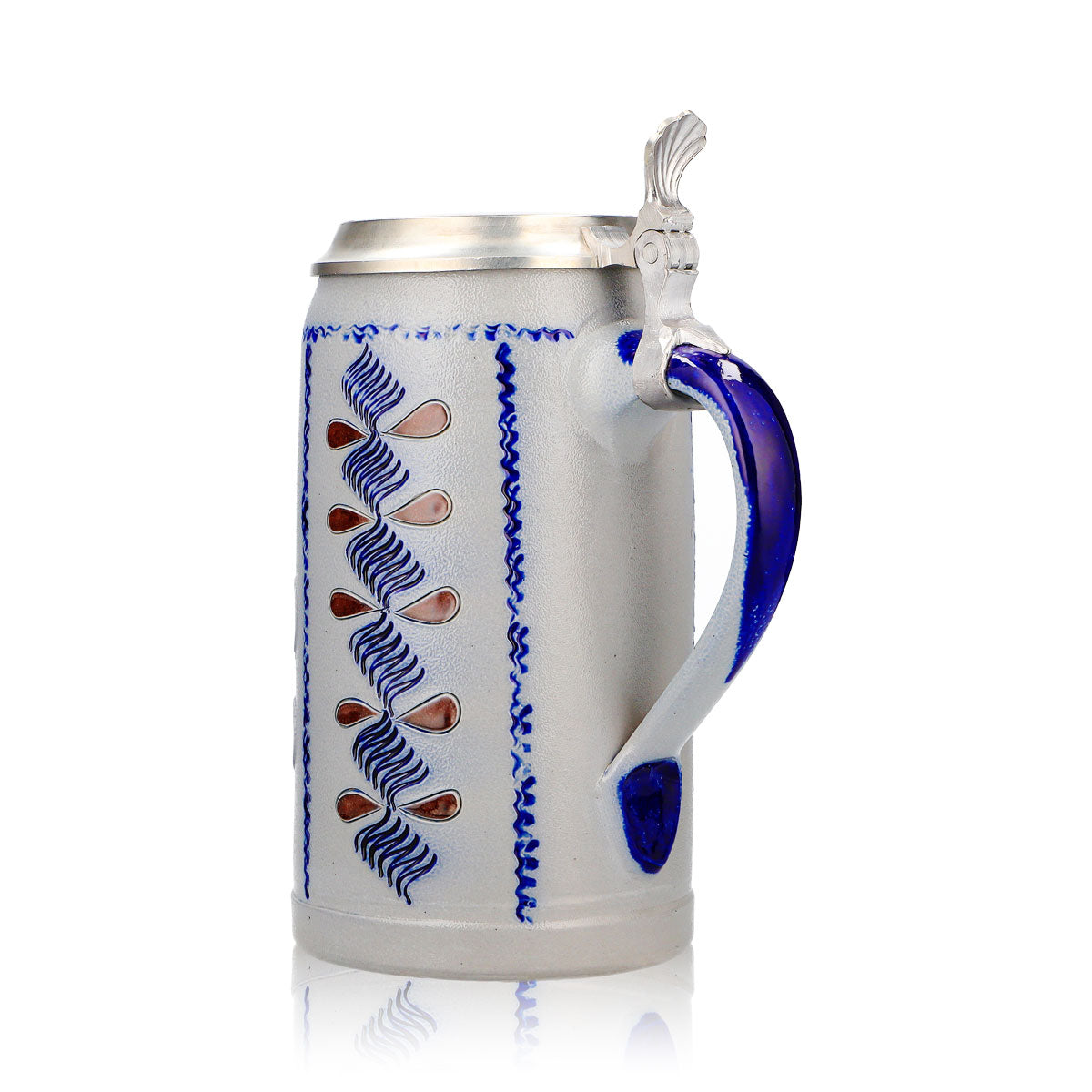 Bicchiere da birra Rastal, boccale in terracotta da 1,16 l con coperchio in stagno, blu/marrone con motivi floreali in terracotta – Vista 4