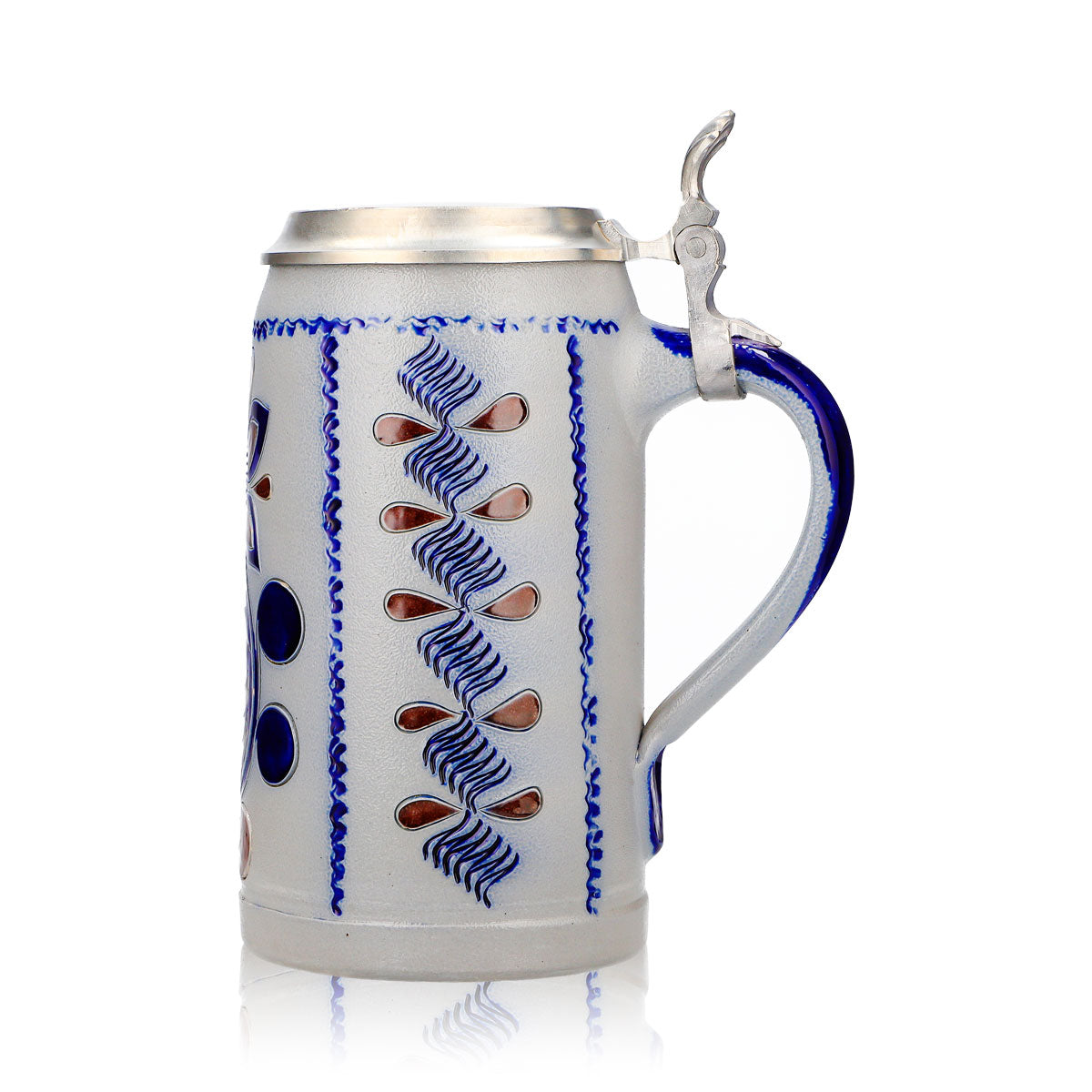 Bicchiere da birra Rastal, boccale in terracotta da 1,16 l con coperchio in stagno, blu/marrone con motivi floreali in terracotta – Vista 5