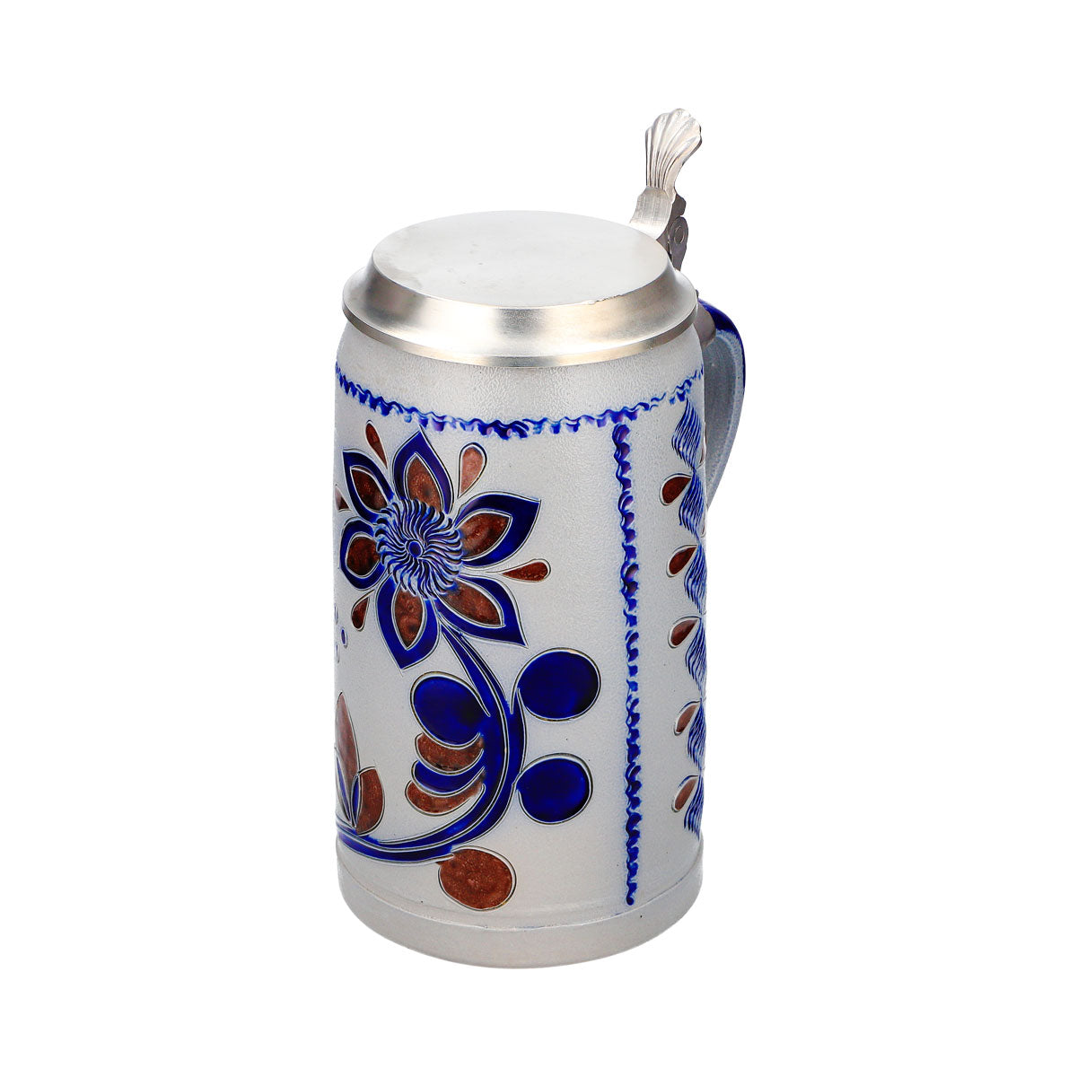 Bicchiere da birra Rastal, boccale in terracotta da 1,16 l con coperchio in stagno, blu/marrone con motivi floreali in terracotta – Vista 6