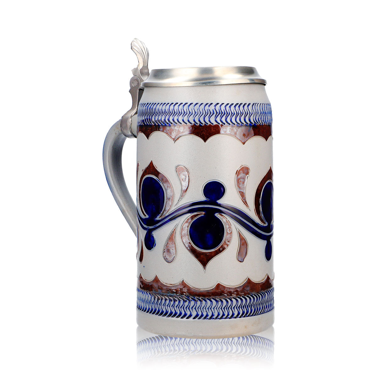 Bicchiere da birra Rastal, boccale in terracotta da 1,18 l con coperchio in stagno, motivo blu orizzontale, terracotta – Vista 2