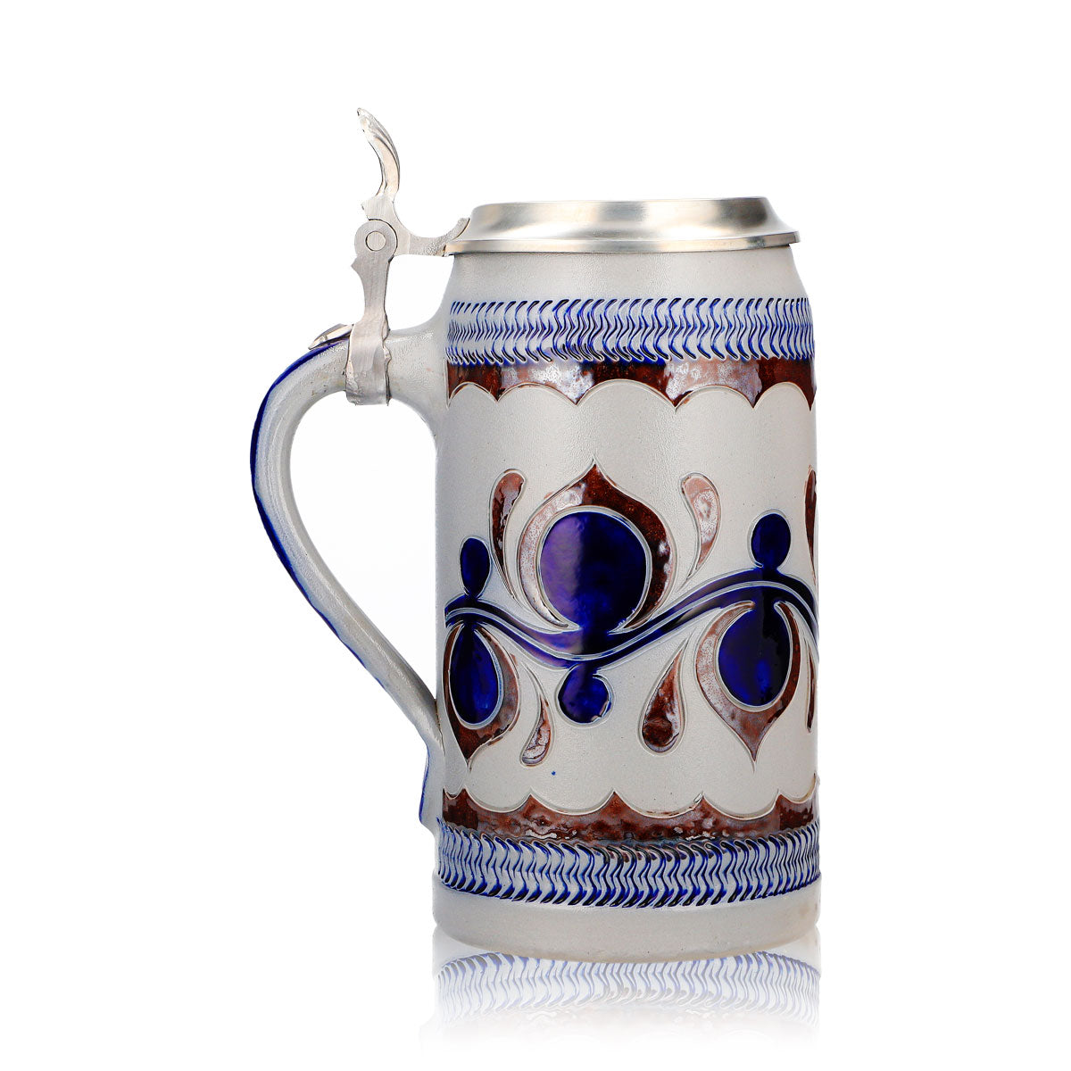 Bicchiere da birra Rastal, boccale in terracotta da 1,18 l con coperchio in stagno, motivo blu orizzontale, terracotta – Vista 3